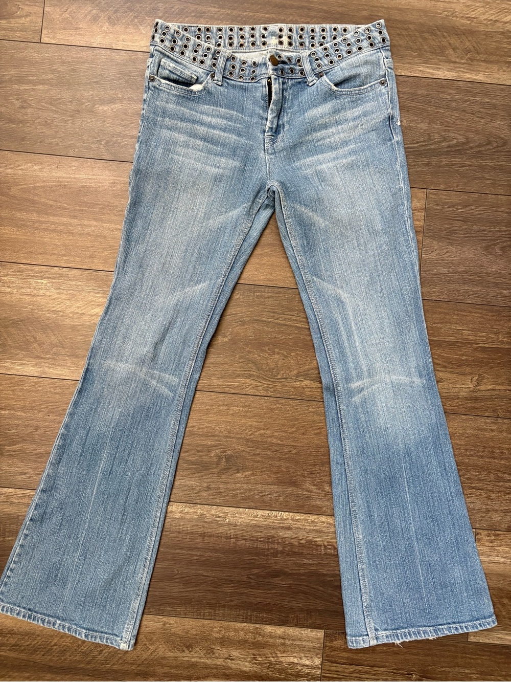 7 For All Mankind Light Blue Flared Jeans with Grommet Waistband